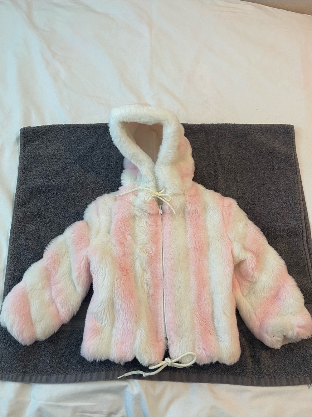 Faux Fur Hooded Jacket in White and Pastel Pink